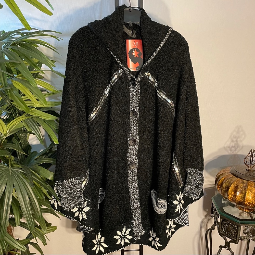 NF (2209) Black Free Size Knit Sweater Cape With Hood